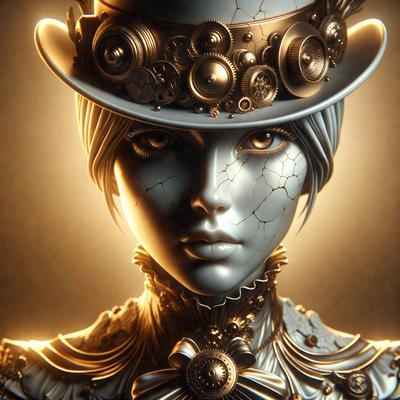 The primary subject of the image is a female robot with a top hat, wearing a necklace and a bow. The setting is a dark room, and the visual style is digital art. The colors and mood of the image are dark and mysterious, with the robot's appearance giving off a sense of intrigue and uniqueness.